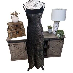 Vintage Cache Metallic Evening Maxi Gown Velvet Trim Size 4 Deadstock Y2K